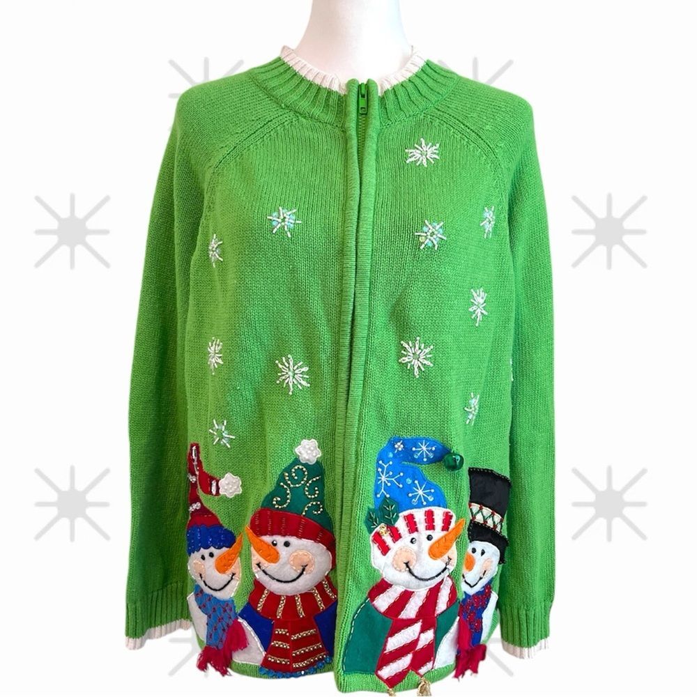 Tiara International Christmas Collection Snowman and Snowflakes Cardigan Sweater
